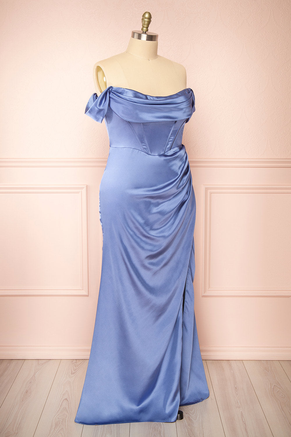 Evolet Blue Grey Off-Shoulder Corset Maxi Dress | Boudoir 1861 side plus size 