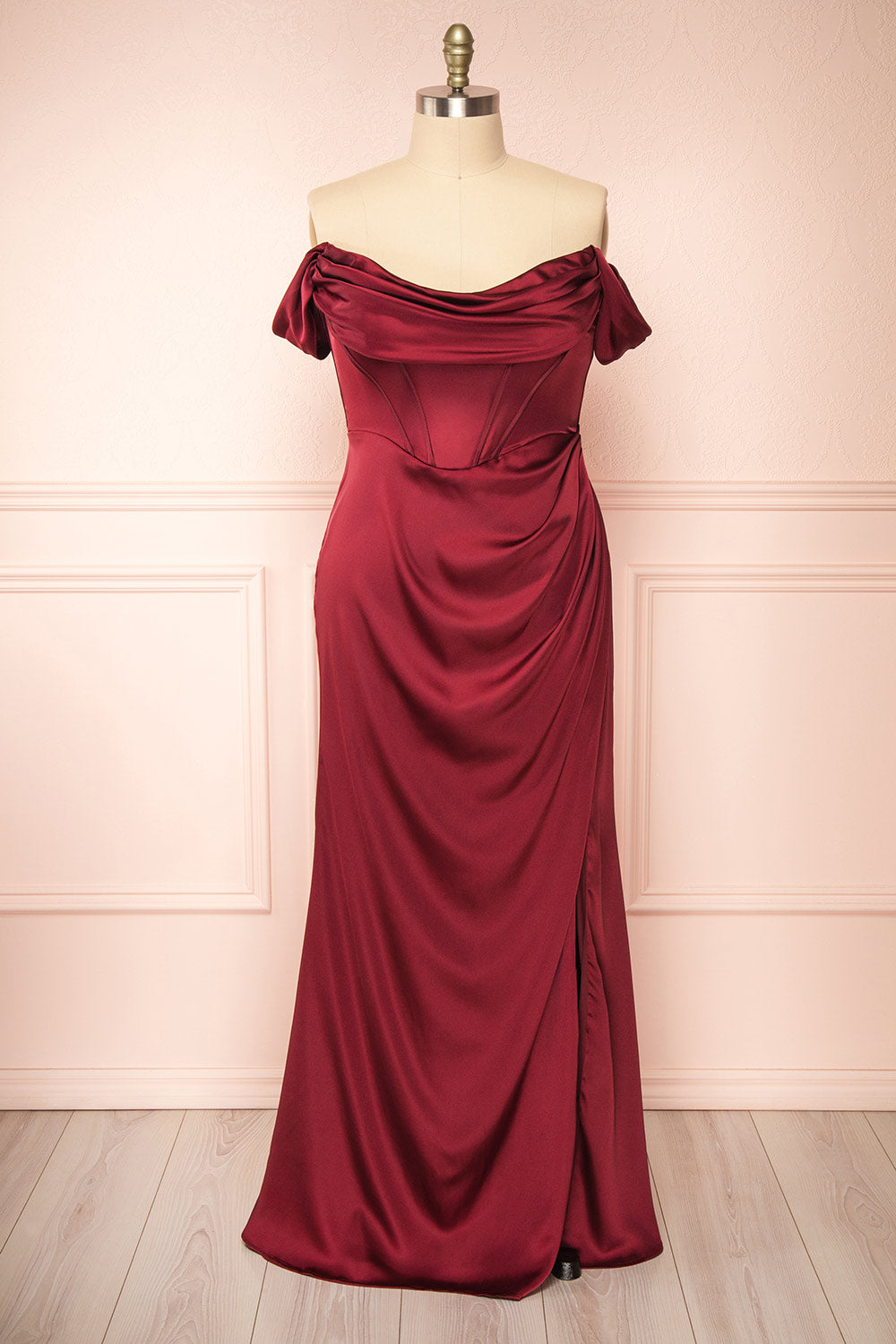 Evolet Burgundy Off-Shoulder Corset Maxi Dress | Boudoir front plus size