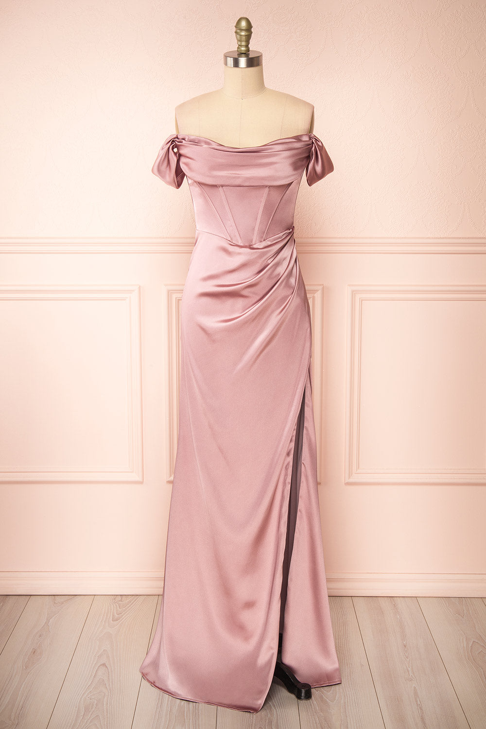 Evolet Mauve Off-Shoulder Corset Maxi Dress | Boudoir 1861 front view