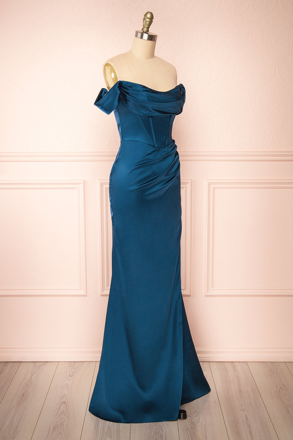 Evolet Navy Off-Shoulder Corset Maxi Dress | Boudoir 1861 side view