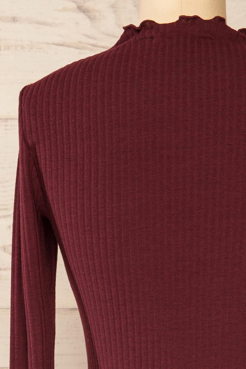 Faaset Burgundy Ribbed Top with Stand Collar | La petite garçonne back close-up
