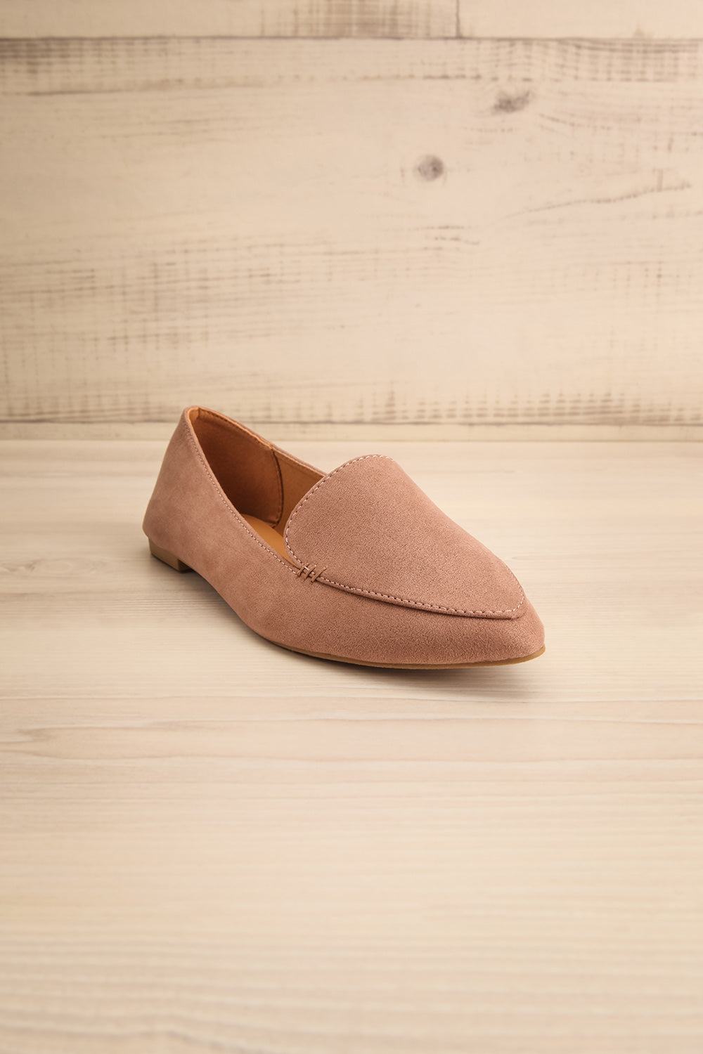 Facille Taupe Pointed Faux-Suede Loafers | La petite garçonne front view
