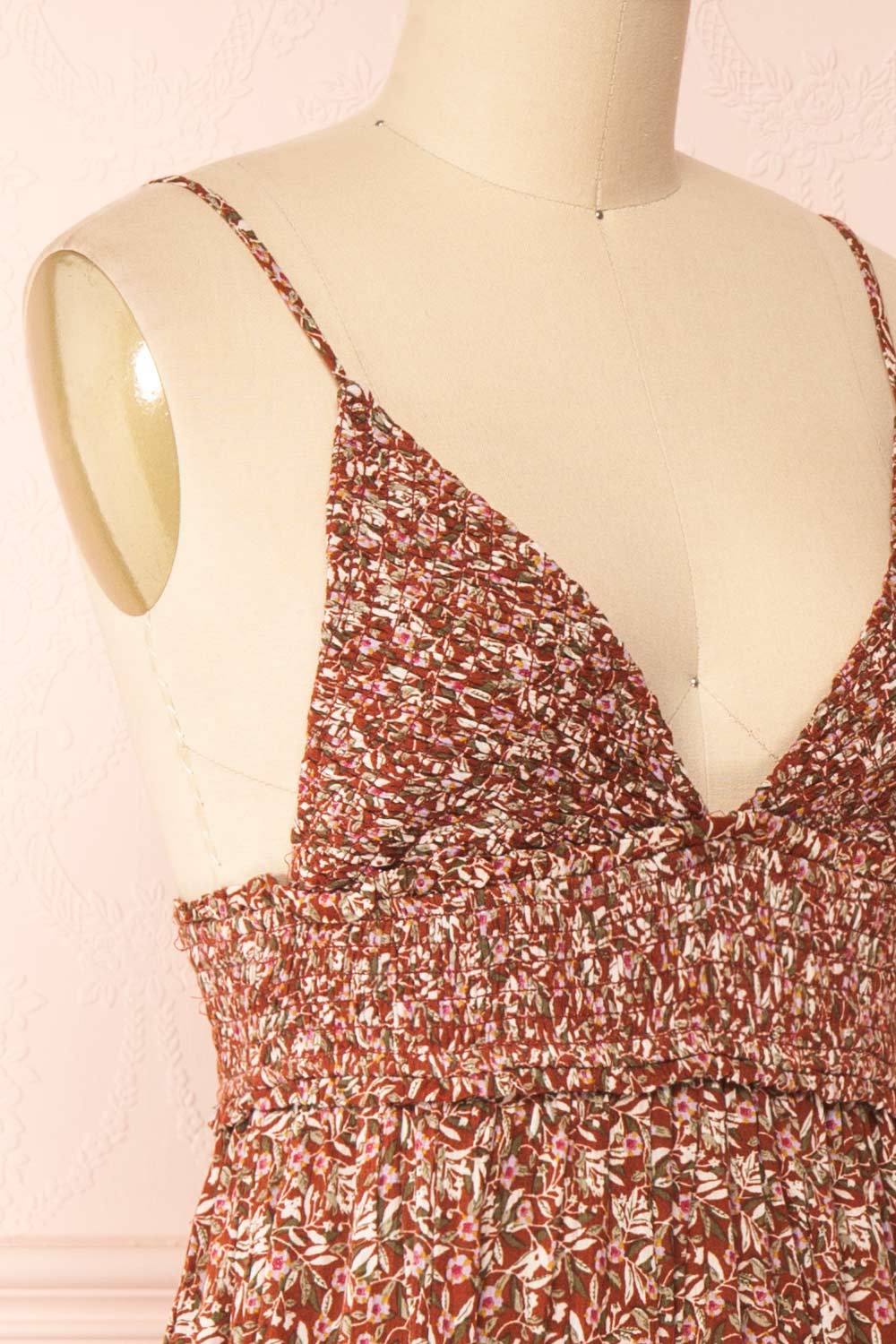 Faiza Brown Floral V-Neck Maxi Dress w/ Thin Straps | Boutique 1861 side close-up