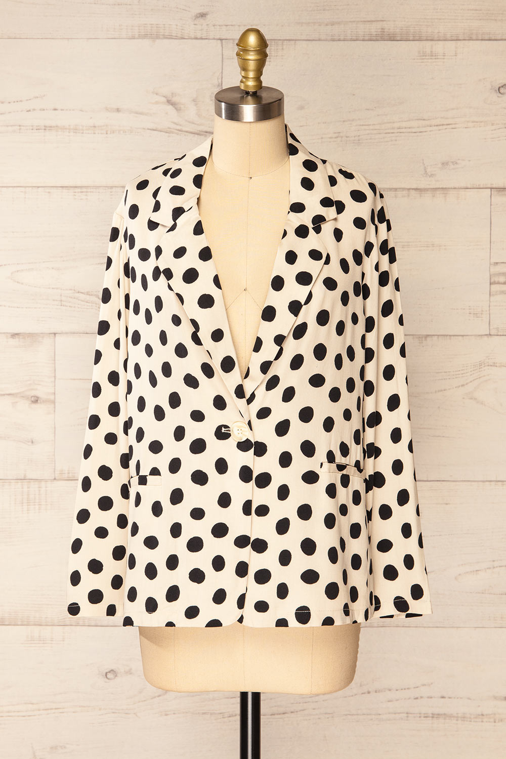 Falkfjorden Beige Blazer w/ Black Polka Dots | La petite garçonne front view