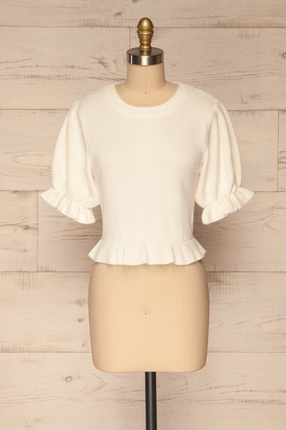 Farsund White Puffy Sleeve Knit Top | La petite garçonne front view