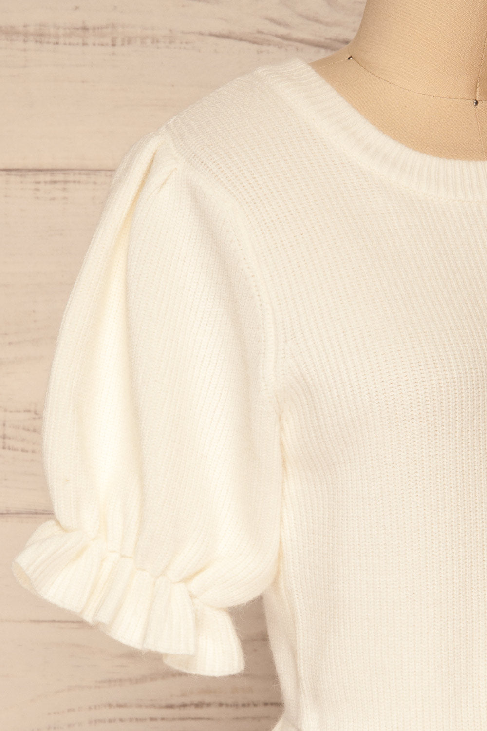 Farsund White Puffy Sleeve Knit Top | La petite garçonne side close-up