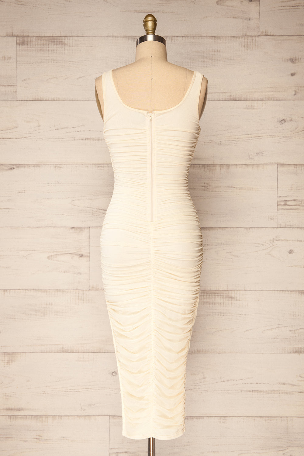 Fecho Ivory Fitted Ruched Midi Dress | La petite garçonne back view