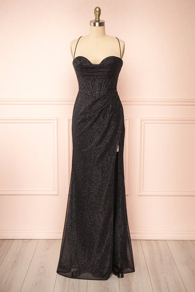Frosti Black Sparkly Cowl Neck Maxi Dress | Boutique 1861 front view
