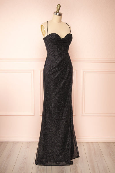 Frosti Black Sparkly Cowl Neck Maxi Dress | Boutique 1861 side view