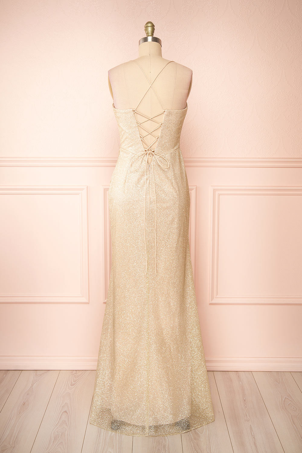 Frosti Champagne Sparkly Cowl Neck Maxi Dress | Boutique 1861 back view