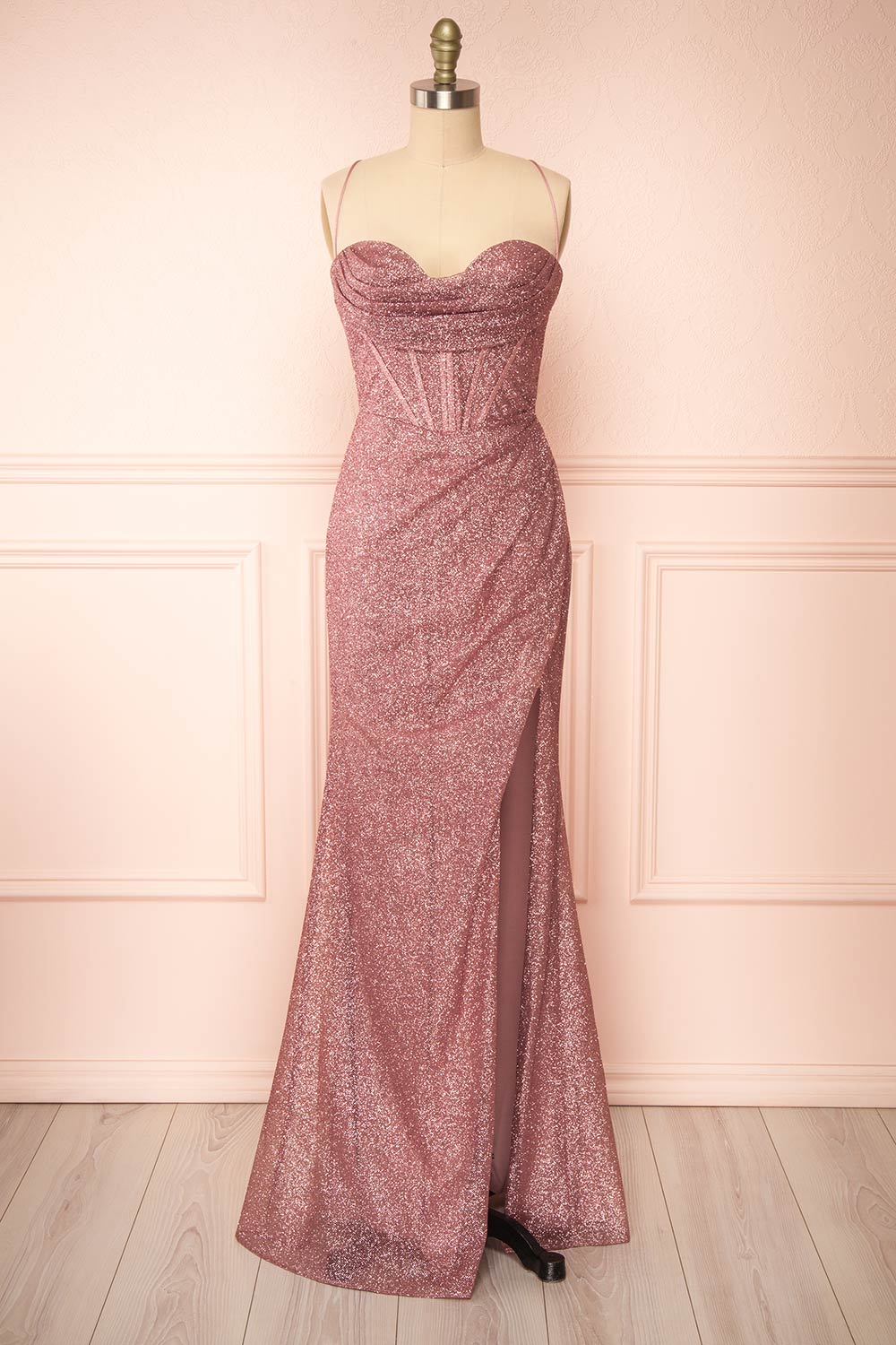 Frosti Mauve Sparkly Cowl Neck Maxi Dress | Boutique 1861 front view