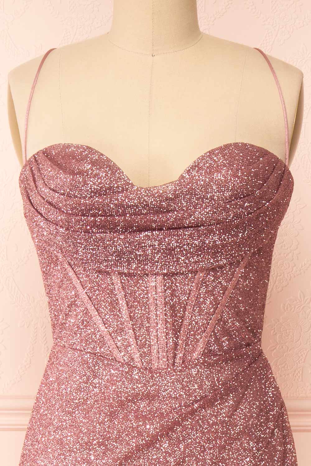 Frosti Mauve Sparkly Cowl Neck Maxi Dress | Boutique 1861 front close-up