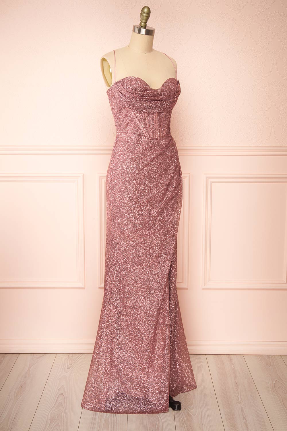 Frosti Mauve Sparkly Cowl Neck Maxi Dress | Boutique 1861 side view