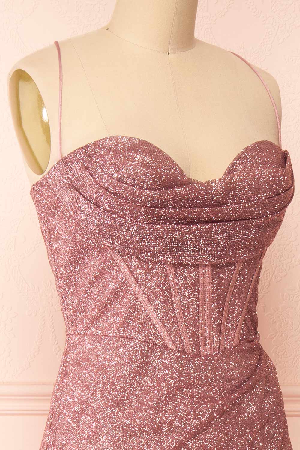 Frosti Mauve Sparkly Cowl Neck Maxi Dress | Boutique 1861 side close-up