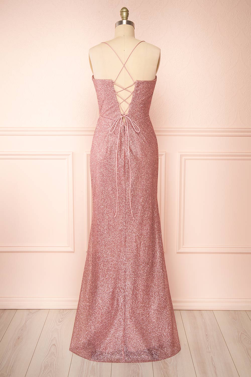 Frosti Mauve Sparkly Cowl Neck Maxi Dress | Boutique 1861 back view