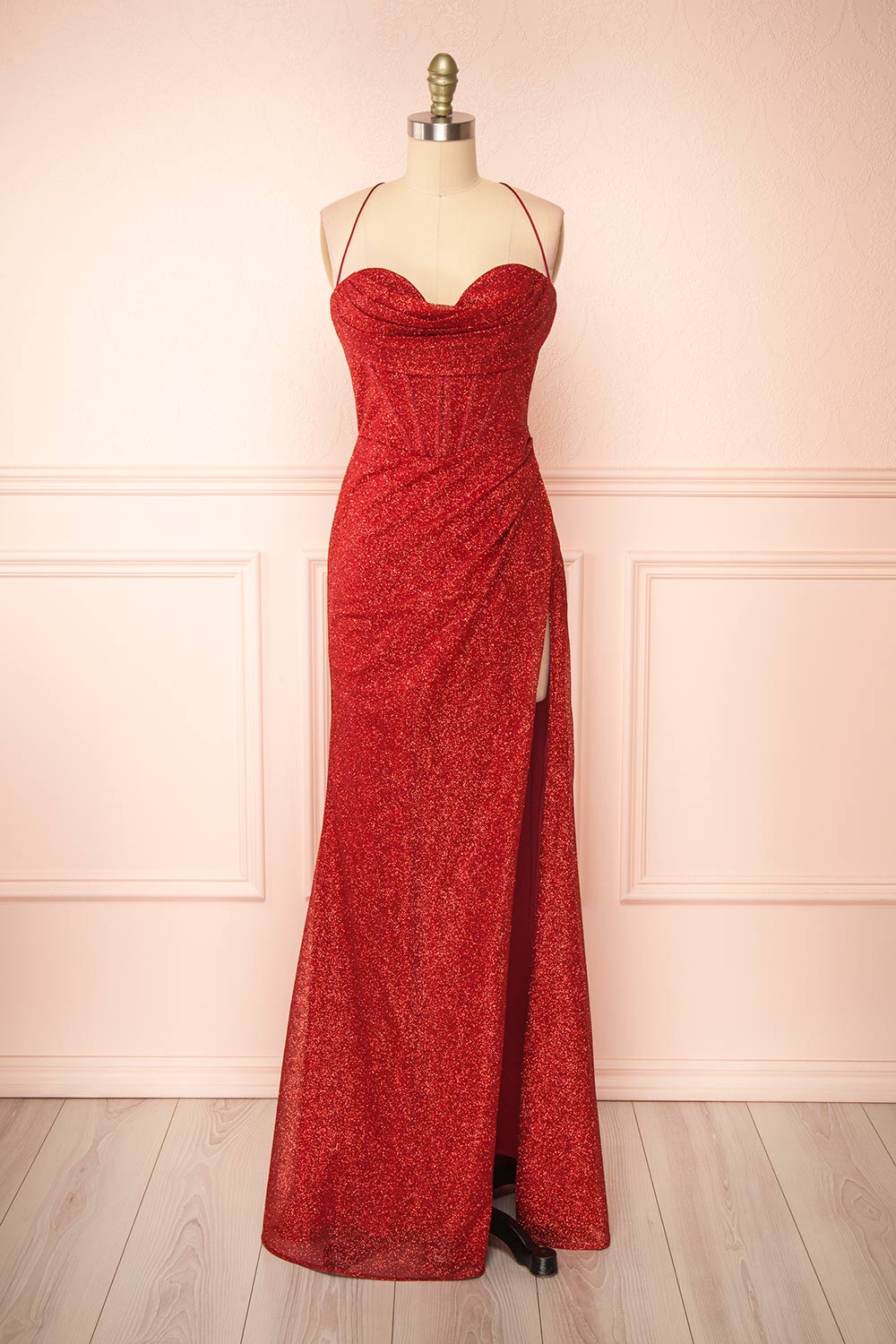 Frosti Red Sparkly Cowl Neck Maxi Dress | Boutique 1861 front view