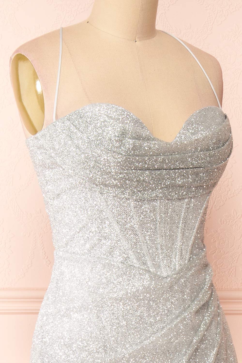 Frosti Silver Sparkly Cowl Neck Maxi Dress | Boutique 1861 side close-up