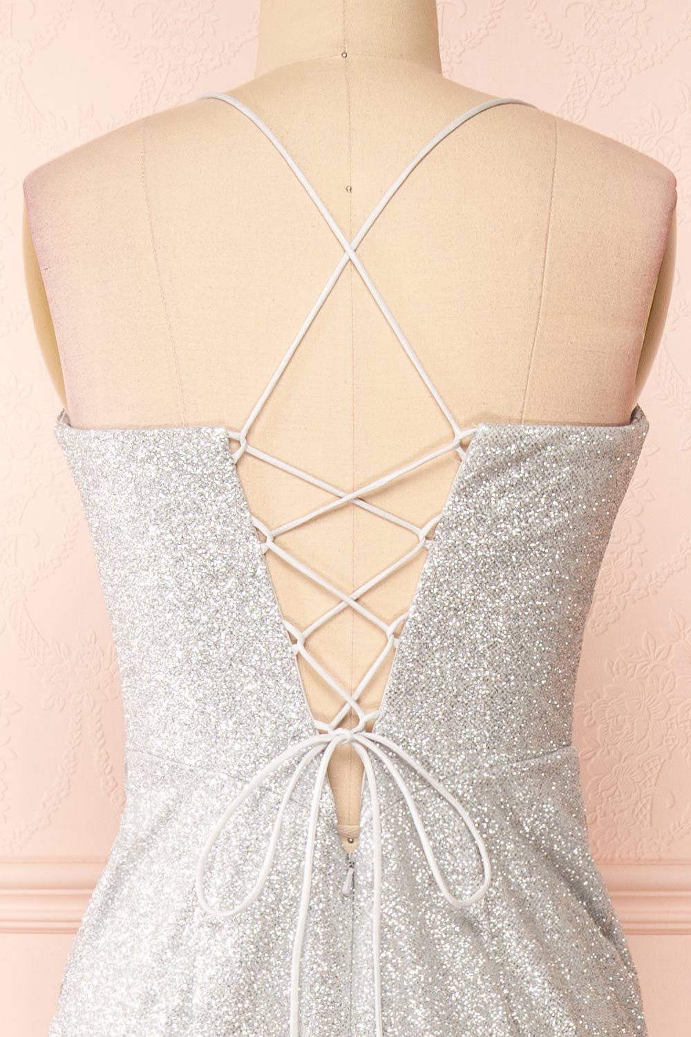 Frosti Silver Sparkly Cowl Neck Maxi Dress | Boutique 1861 back close-up