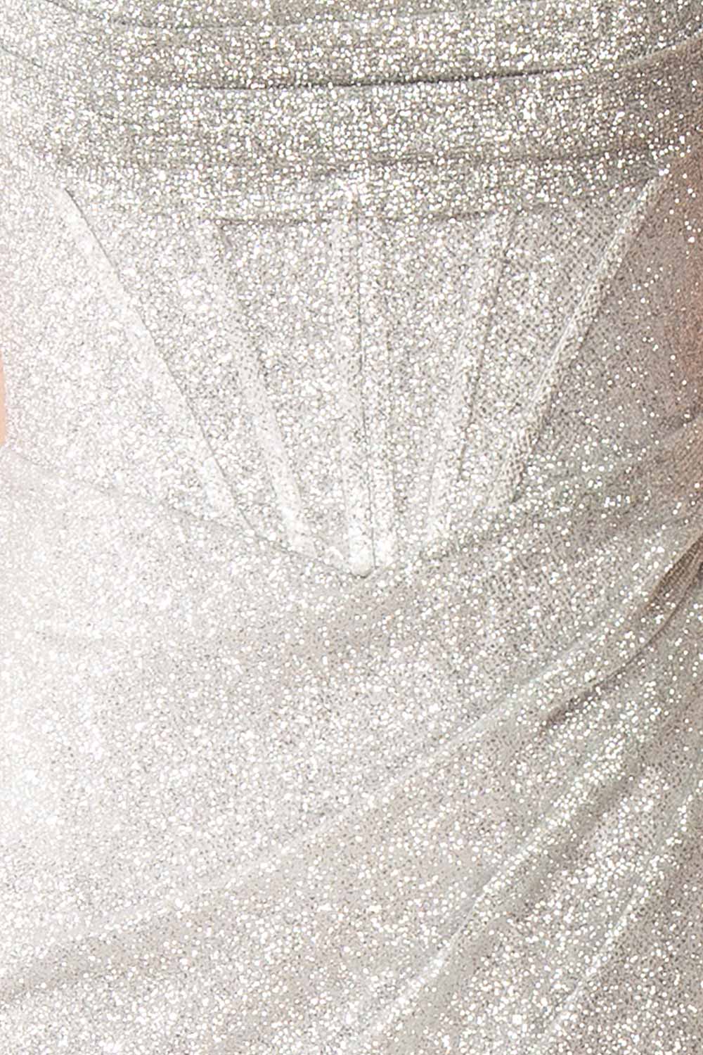 Frosti Silver Sparkly Cowl Neck Maxi Dress | Boutique 1861 fabric