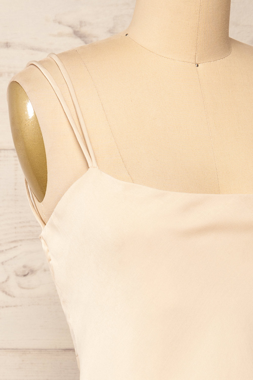 Frostwind Short Satin Dress w/ Double Straps | La petite garçonne side close-up