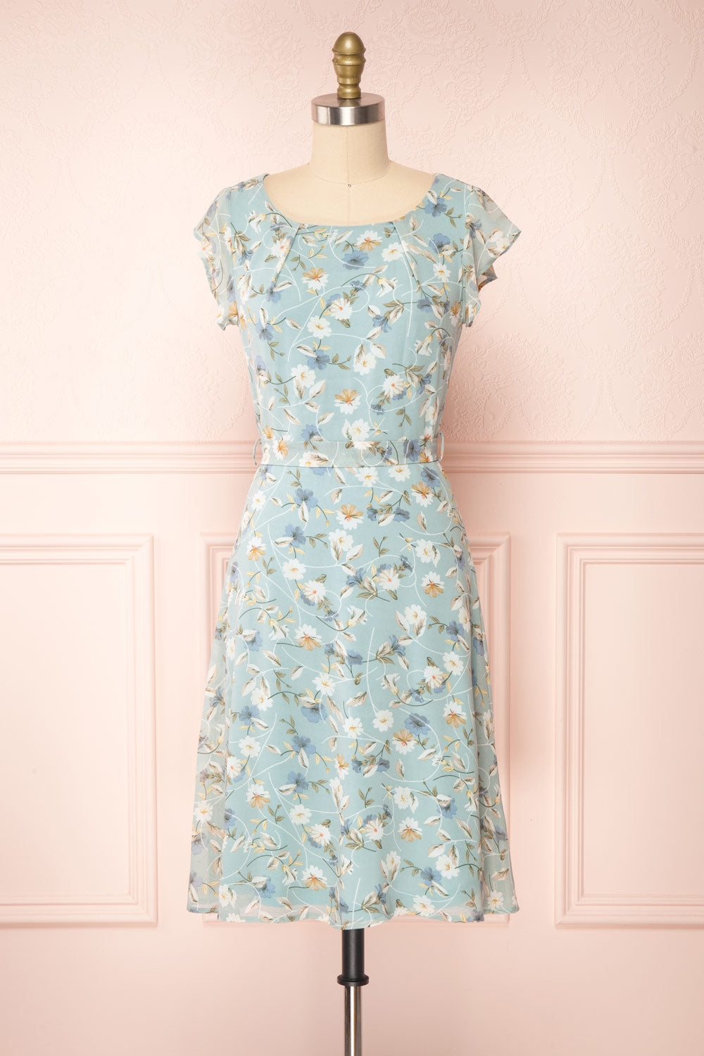 Fuyumi Pastel Blue Floral Short Sleeve Dress | Boutique 1861 front view
