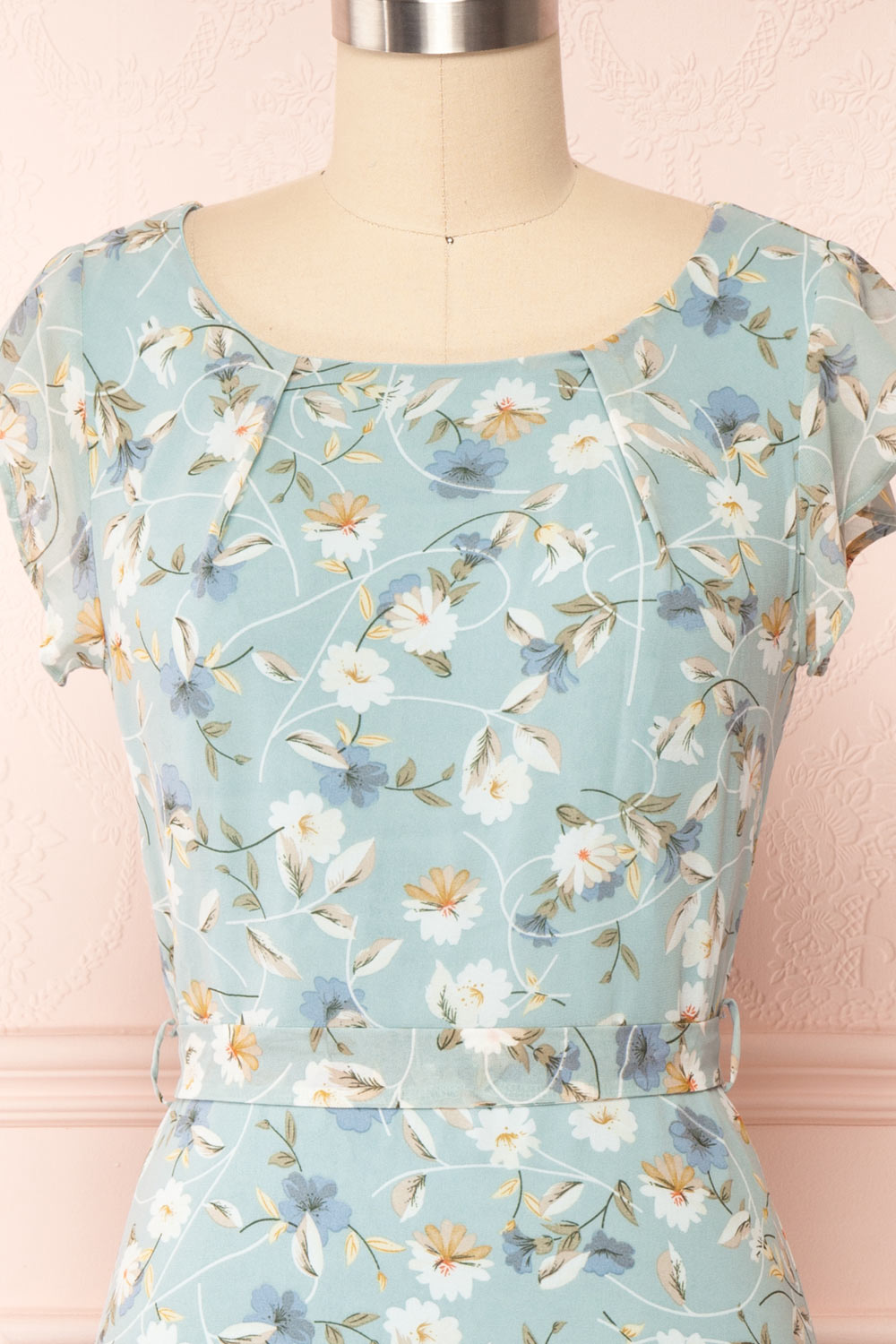 Fuyumi Pastel Blue Floral Short Sleeve Dress | Boutique 1861 front close up