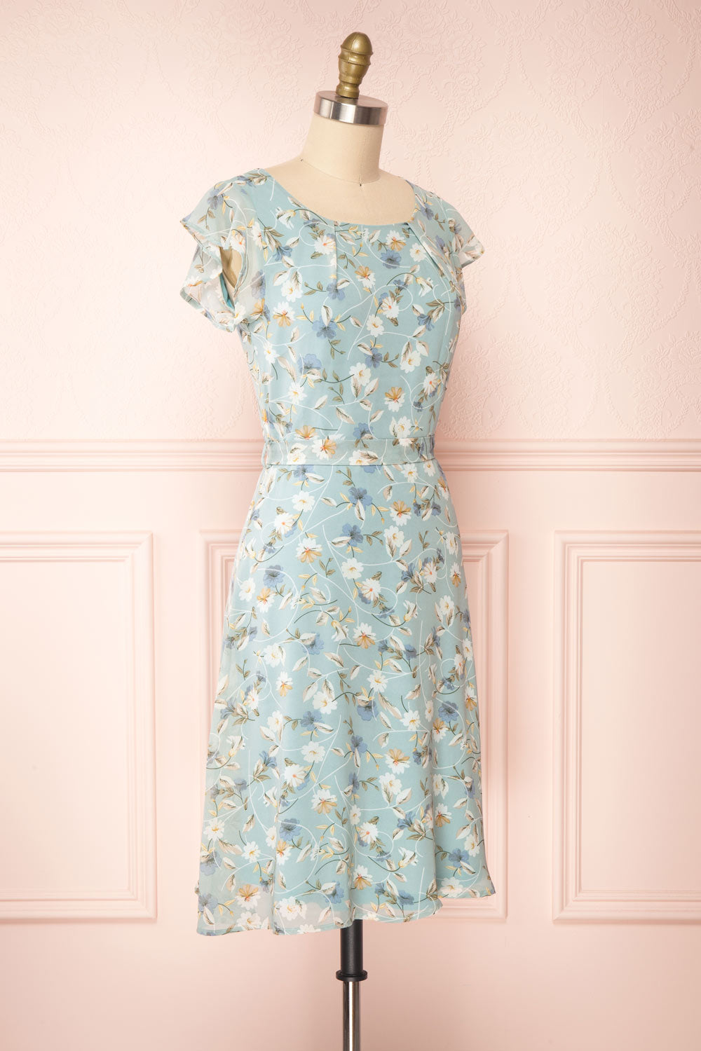 Fuyumi Pastel Blue Floral Short Sleeve Dress | Boutique 1861 side view