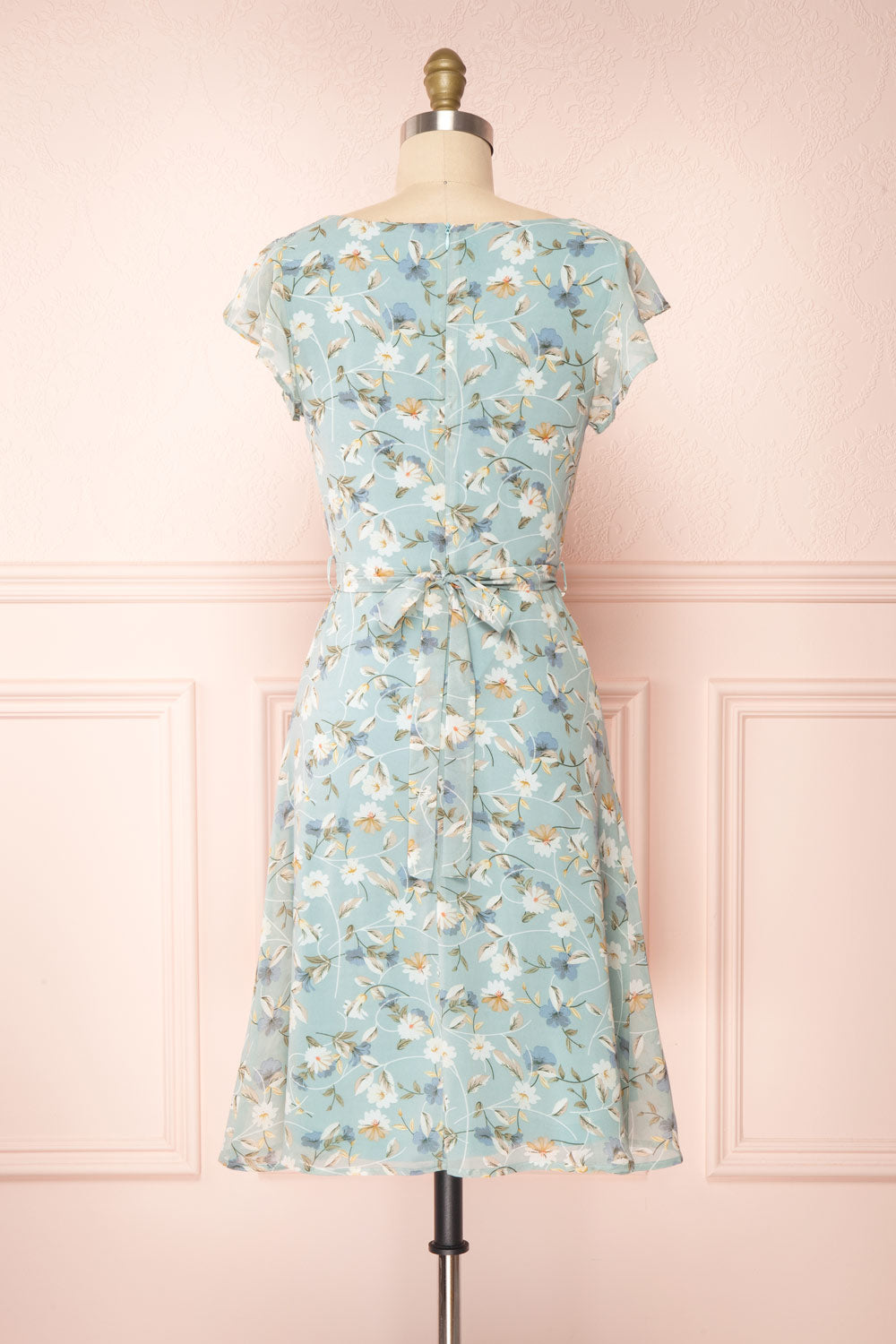 Fuyumi Pastel Blue Floral Short Sleeve Dress | Boutique 1861 back view