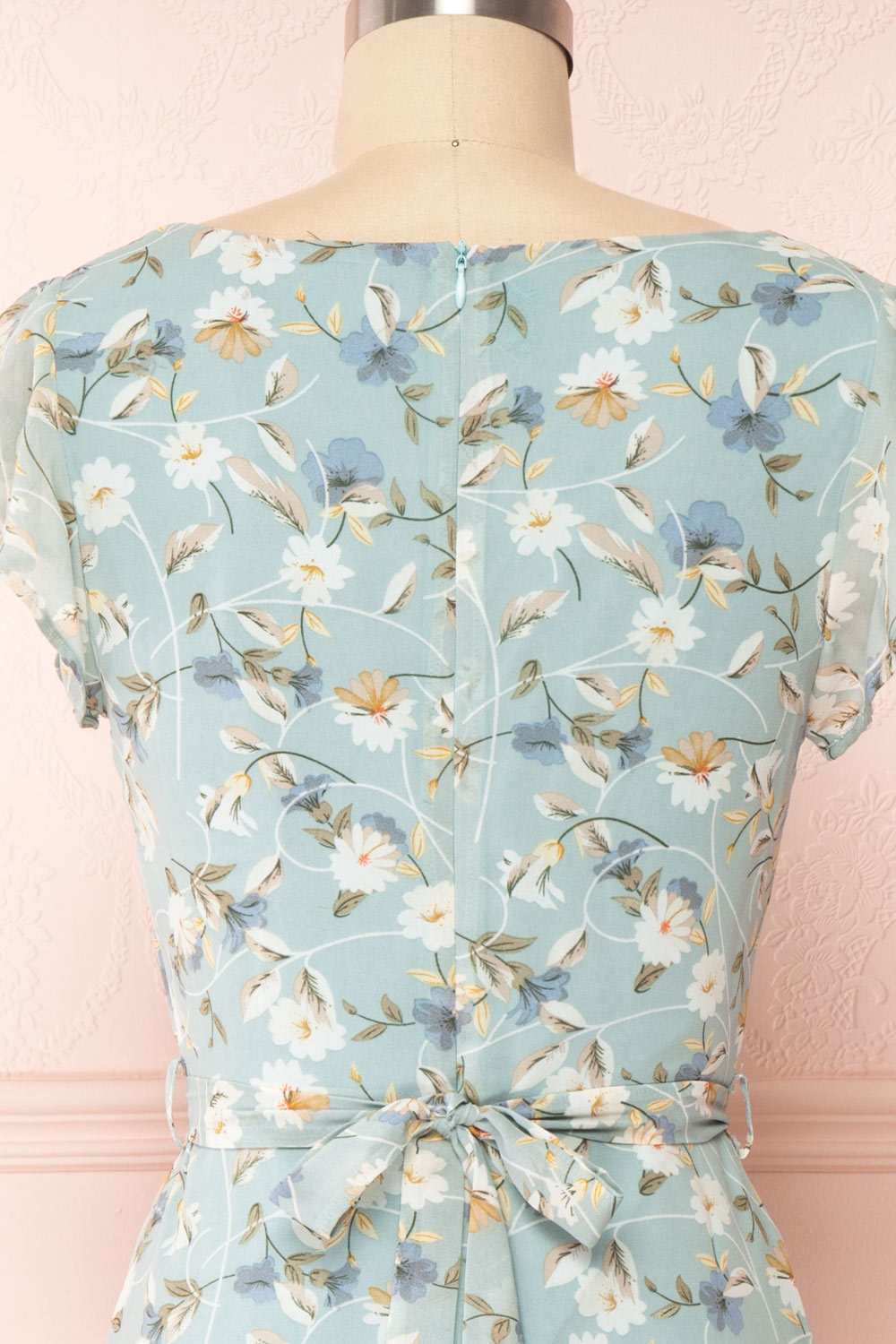 Fuyumi Pastel Blue Floral Short Sleeve Dress | Boutique 1861 back close up