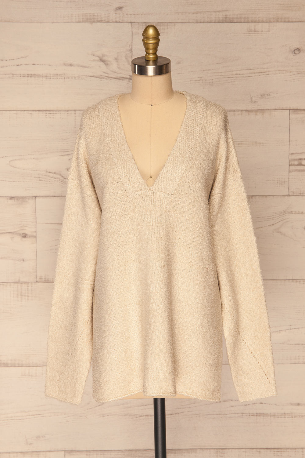 Gaand Beige V-Neck Knit Sweater | La petite garçonne front view