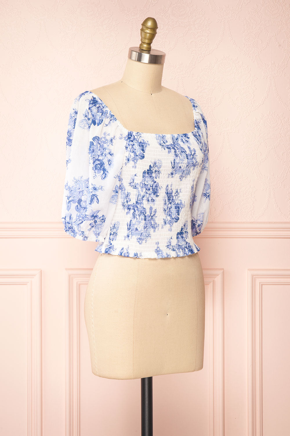Gaia White and Blue Floral Puffy Sleeve Crop Top | Boutique 1861 side view