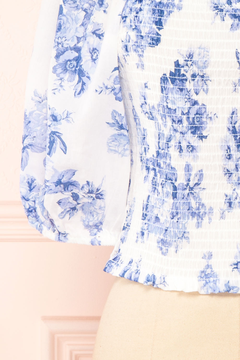 Gaia White and Blue Floral Puffy Sleeve Crop Top | Boutique 1861 bottom