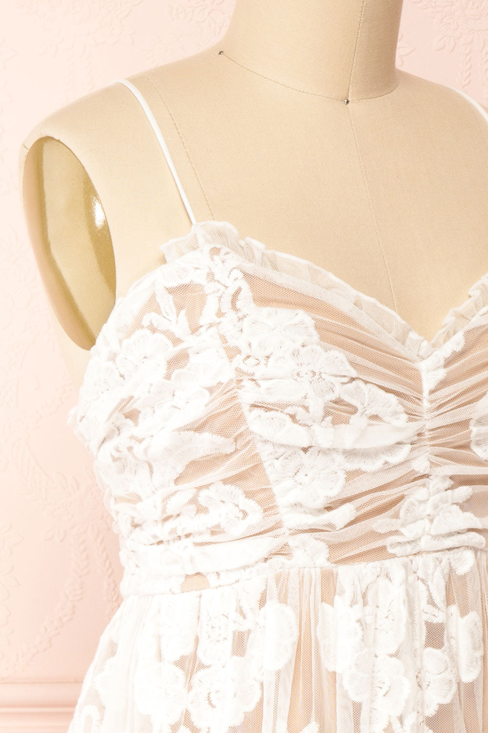Ganna Short White Mesh Dress w/ Floral Embroidery | Boutique 1861 side close-up