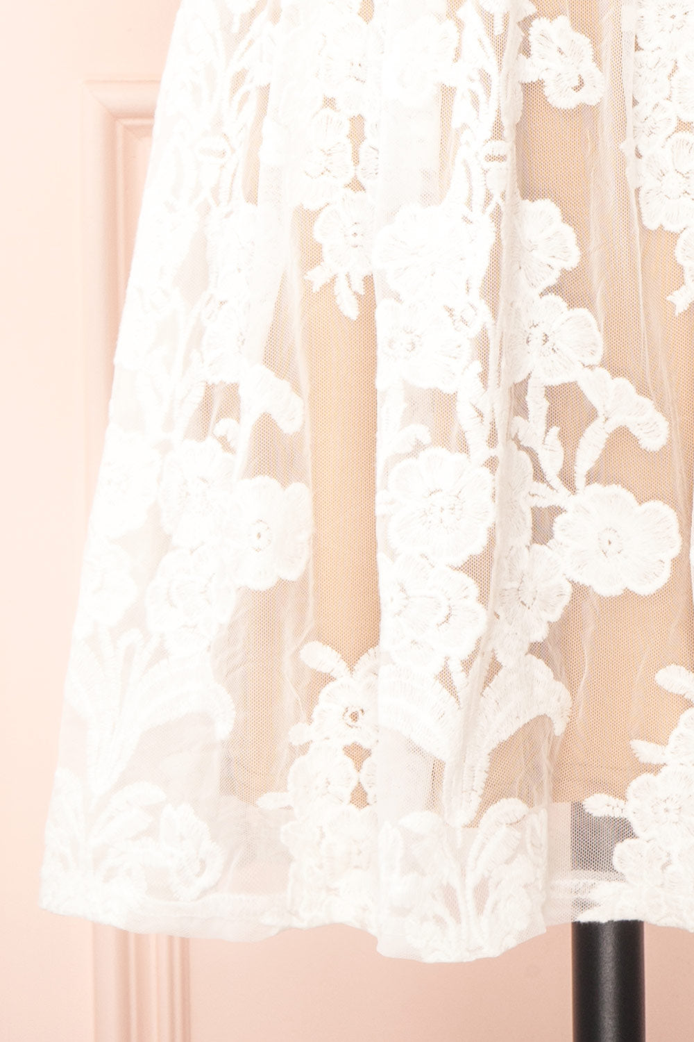 Ganna Short White Mesh Dress w/ Floral Embroidery | Boutique 1861 bottom