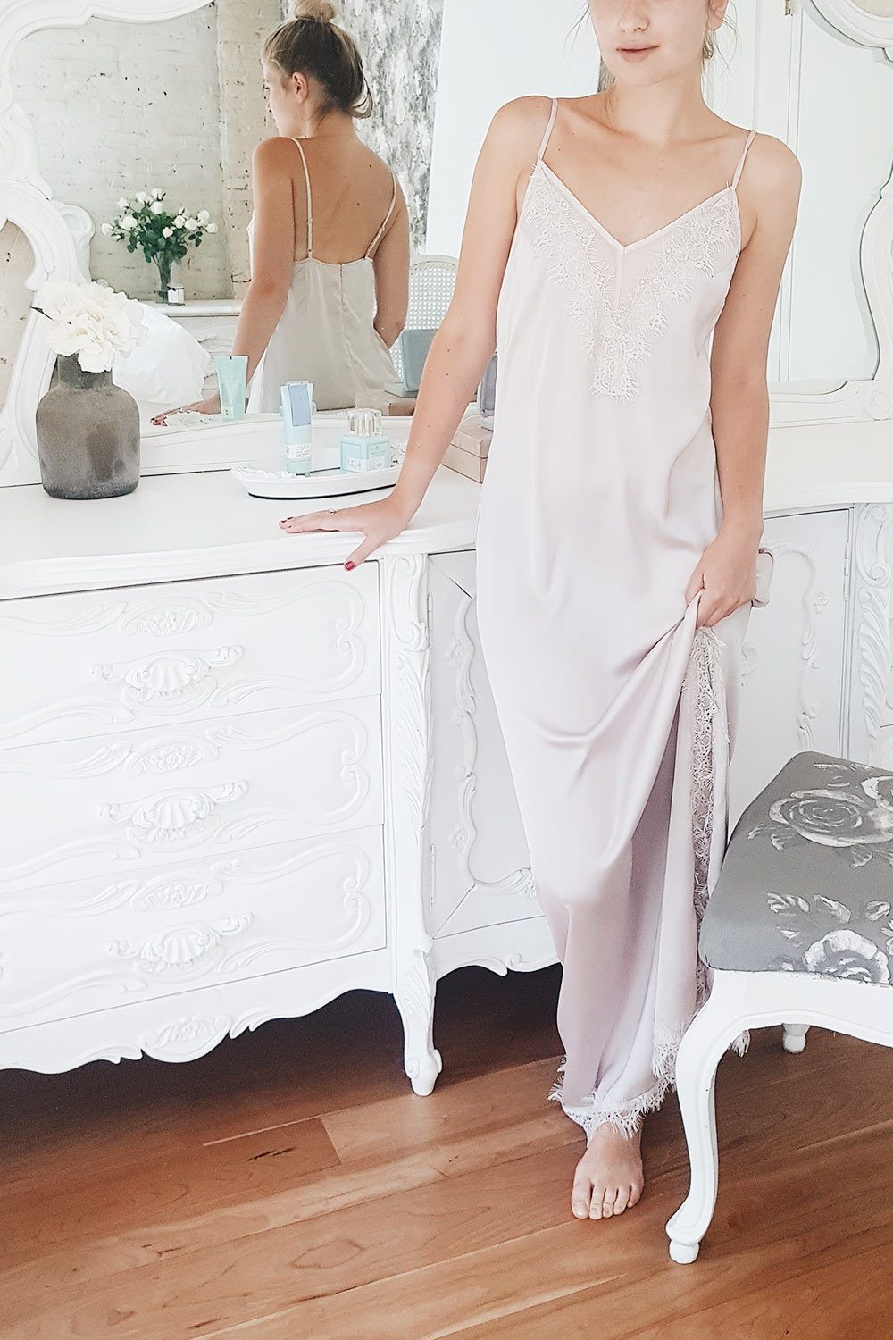 Garkan Champagne Beige Lace Details Maxi Slip Dress | Boudoir 1861