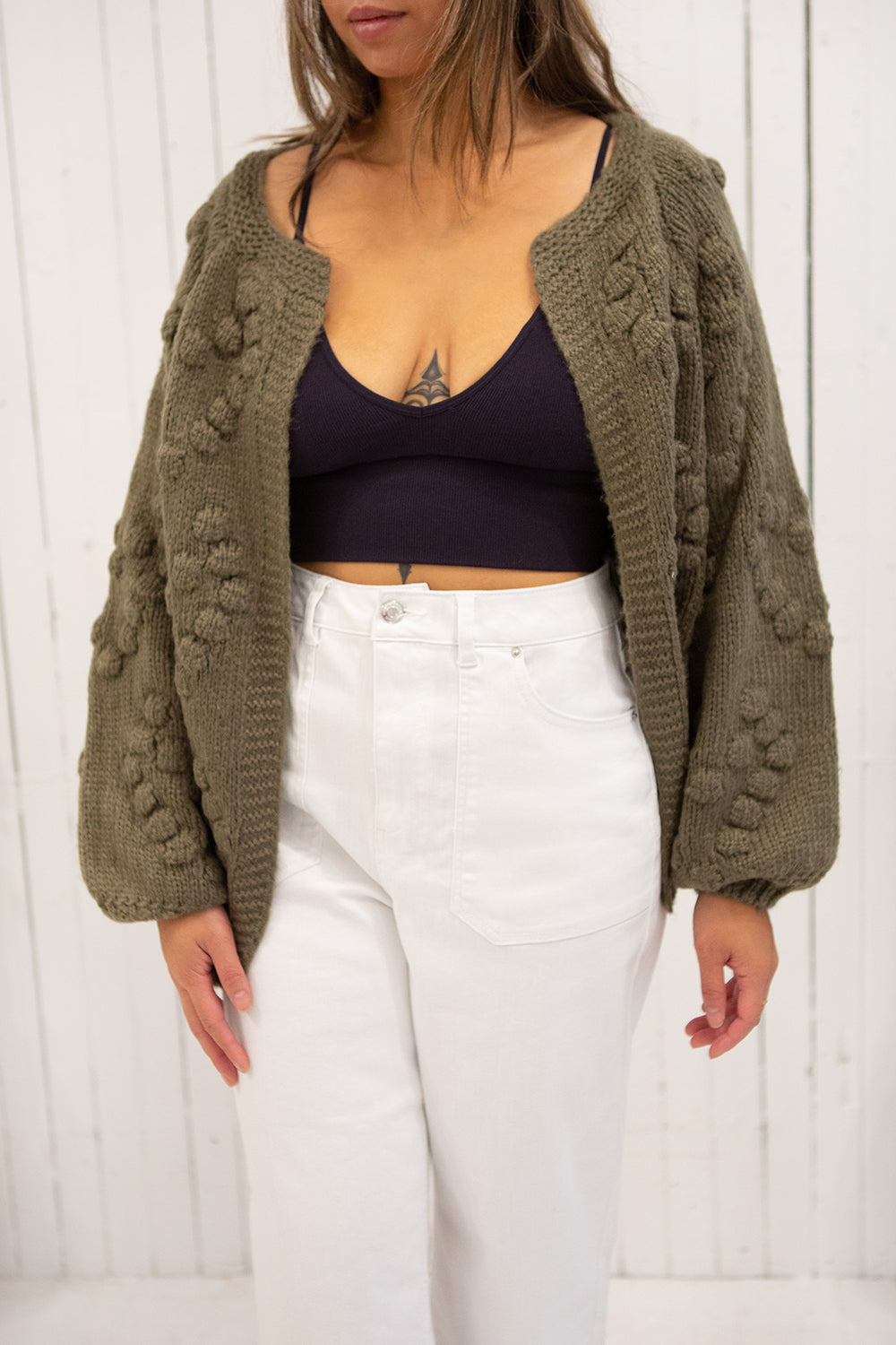 Geleen Green Textured Knit Cardigan | La petite garçonne