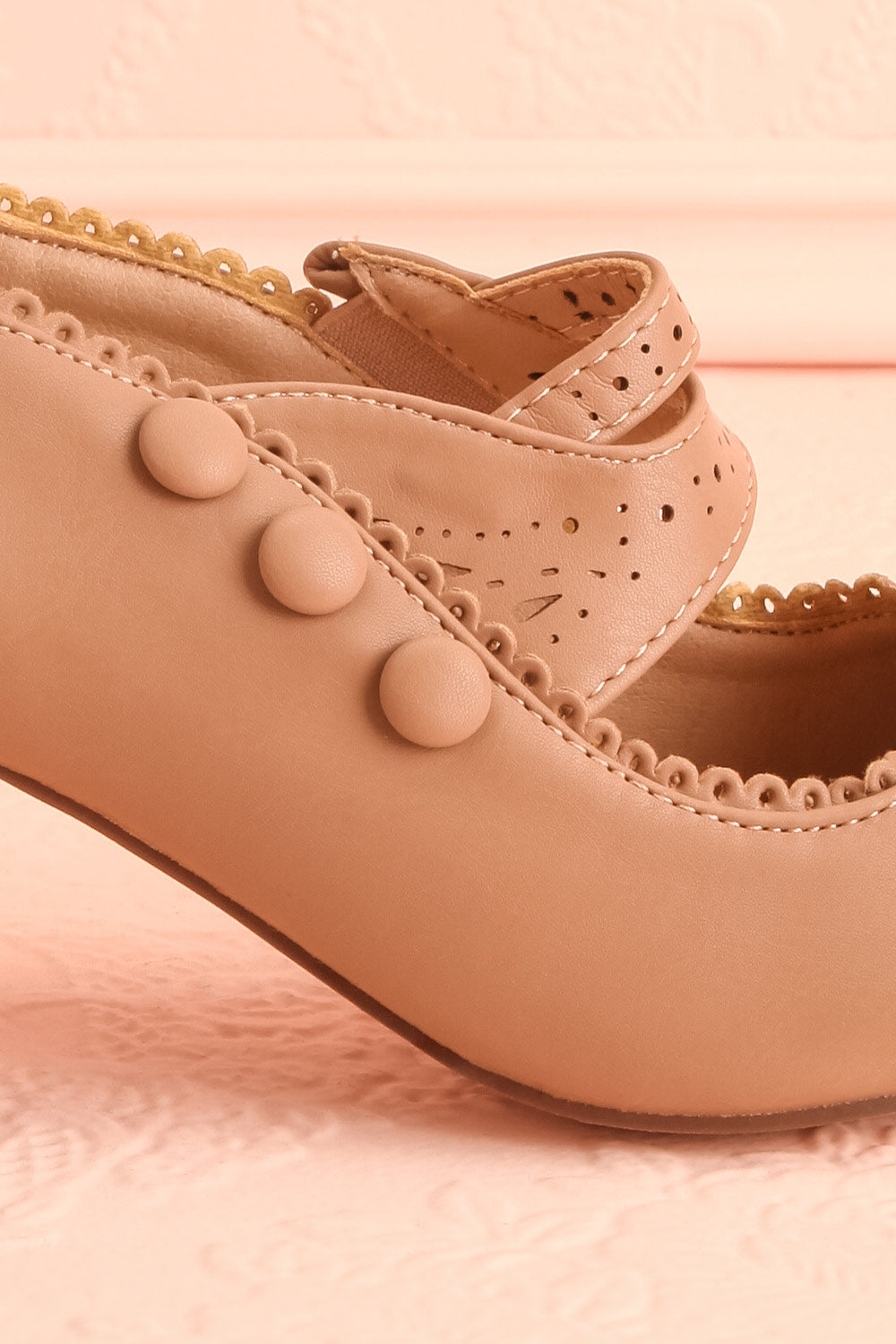 Genet Taupe Closed Toe Heels | Boutique 1861 side strap close-up