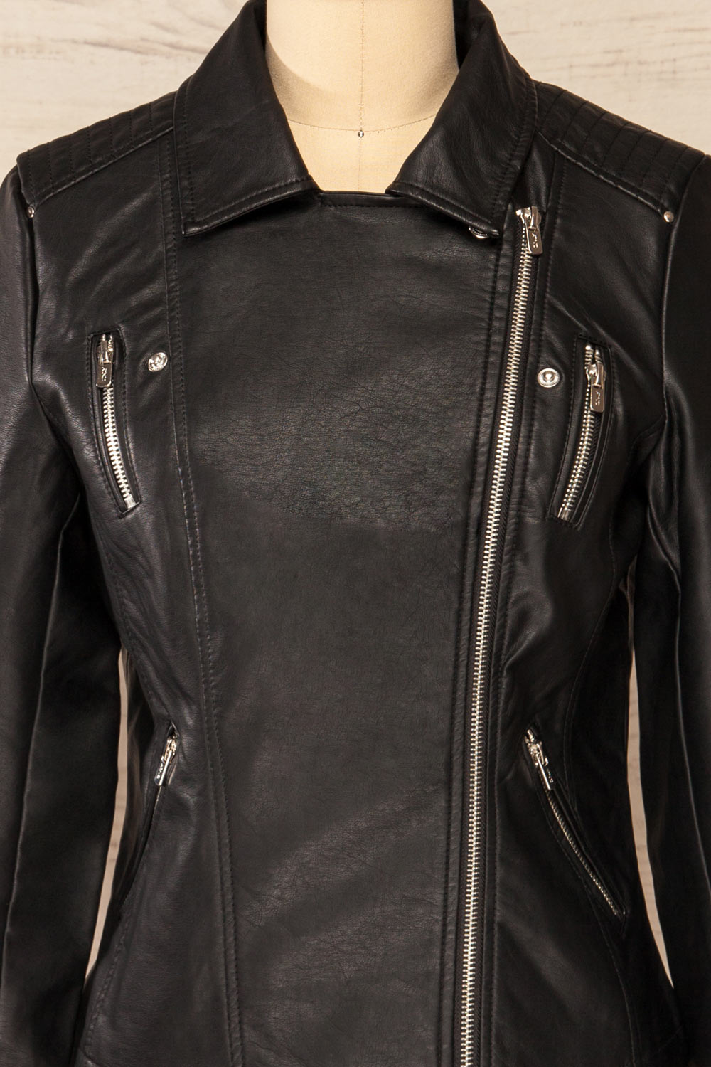 Gladsaxe Black Cropped Faux Leather Jacket | La petite garçonne close close-up