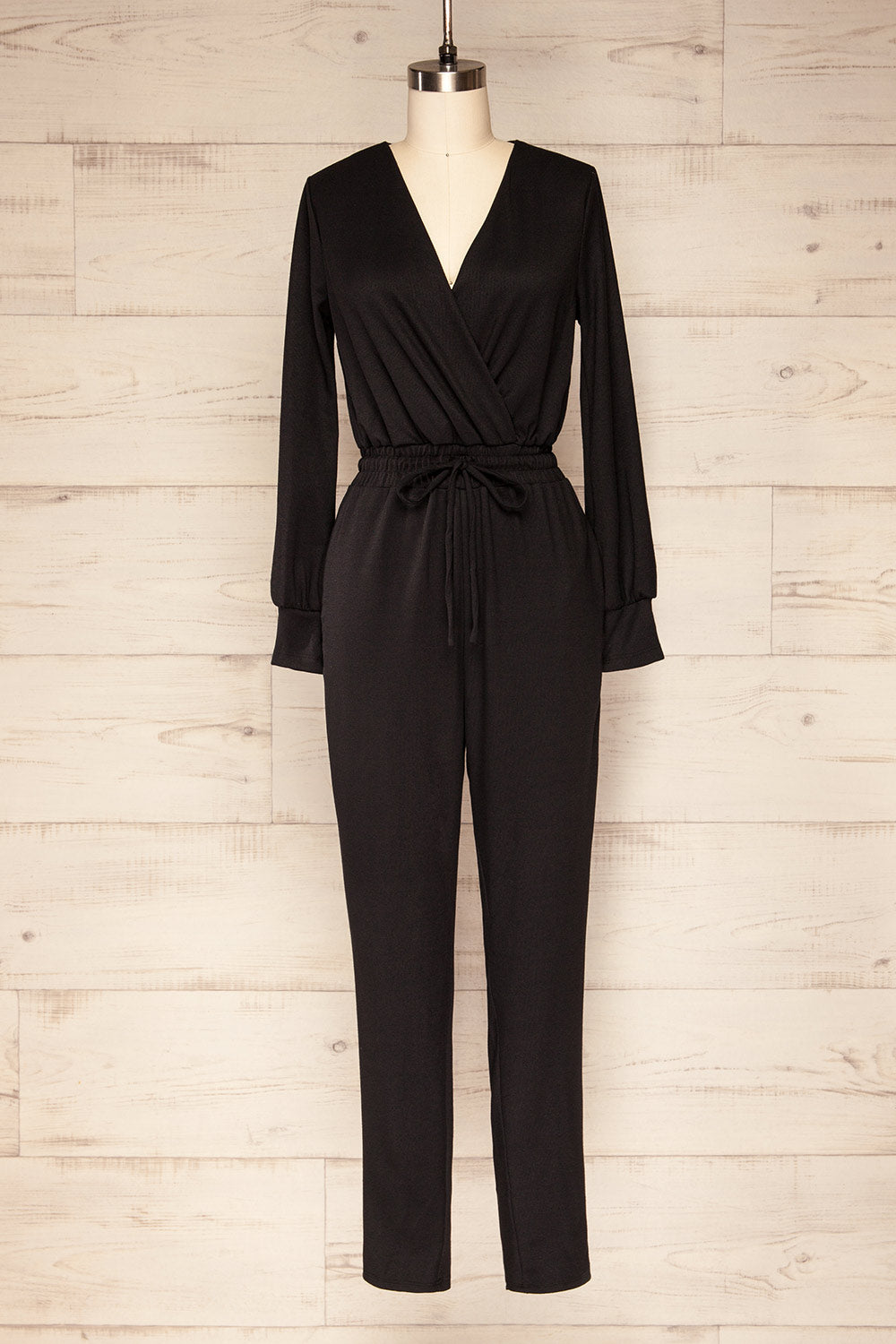 Gouveia Black Long Sleeve V-Neck Jumpsuit | La petite garçonne front view
