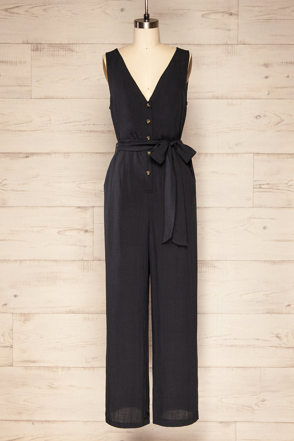 Grogy Indigo V-neck Palazzo Jumpsuit w/Belt | La petite garçonne front view