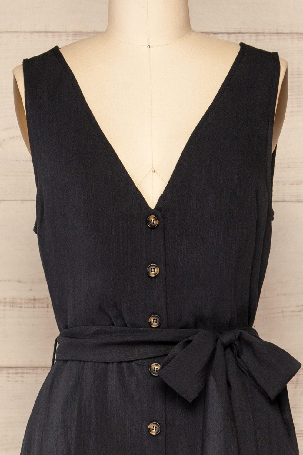 Grogy Indigo V-neck Palazzo Jumpsuit w/Belt | La petite garçonne front close-up