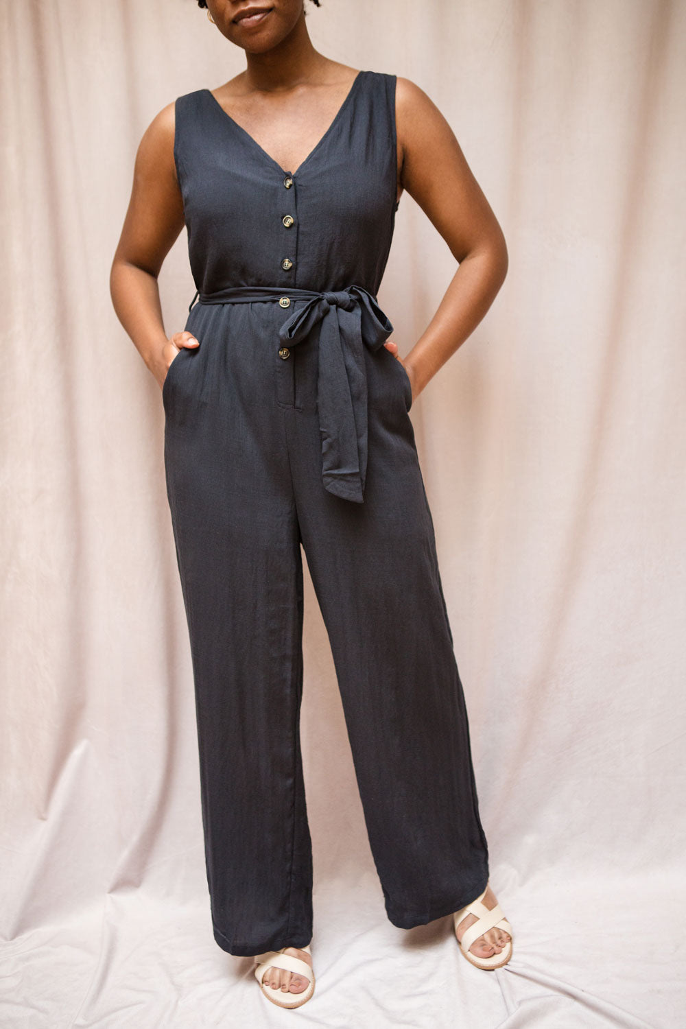 Grogy Indigo V-neck Palazzo Jumpsuit w/Belt | La petite garçonne model