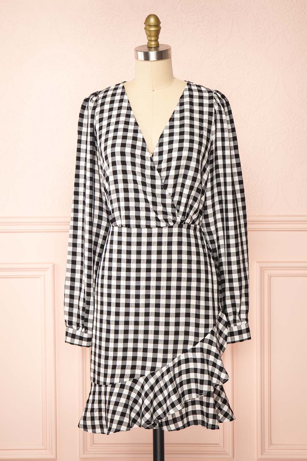 Grutha Black Long Sleeve Short Gingham Dress w/ Ruffles | Boutique 1861 front view