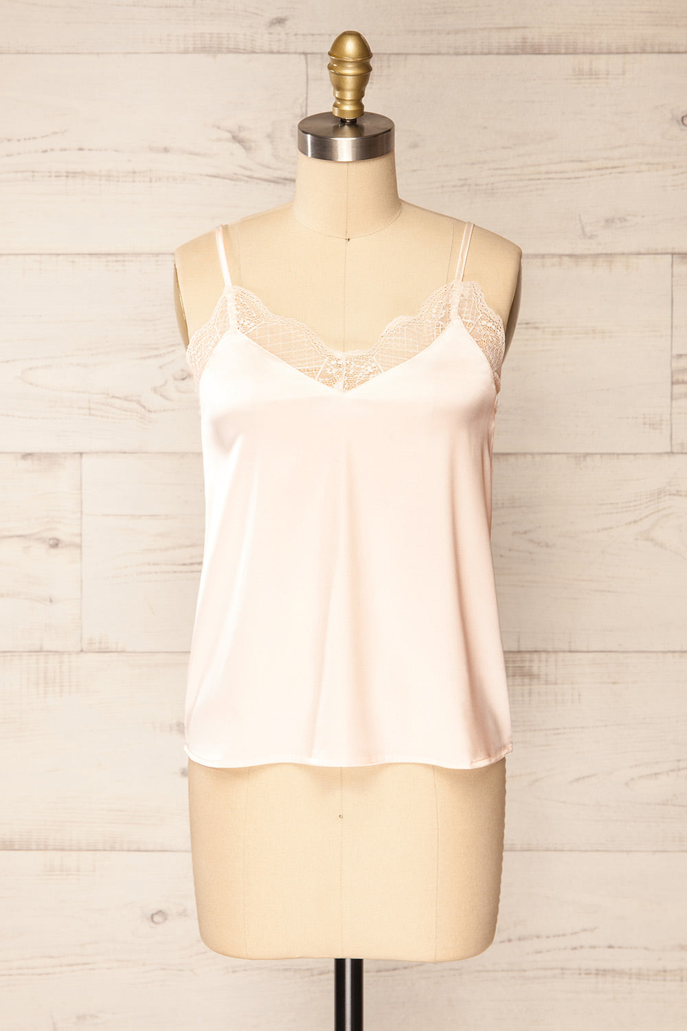 Guarenas Pink Satin Cami Top w/ Lace Trim | La petite garçonne front view