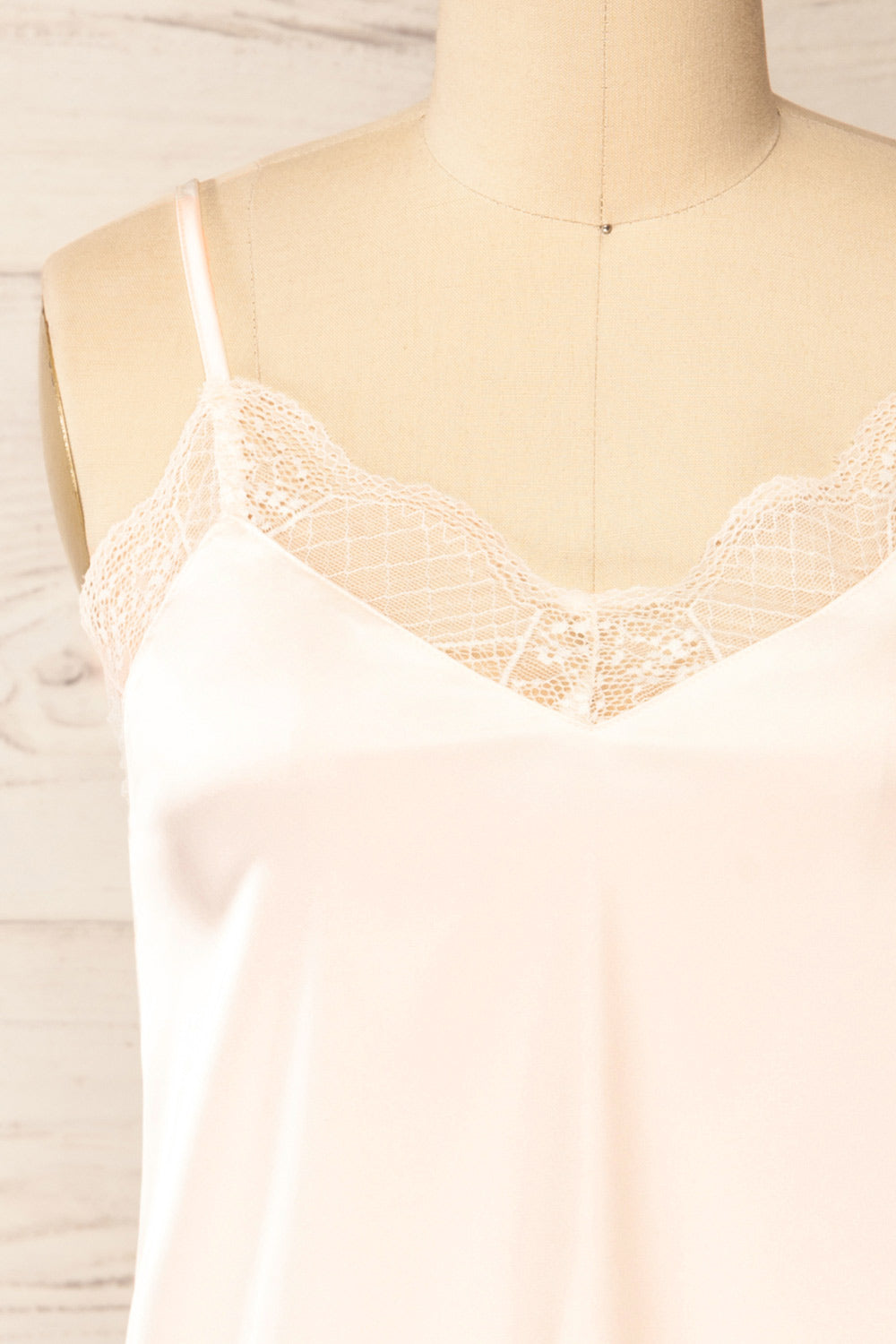 Guarenas Pink Satin Cami Top w/ Lace Trim | La petite garçonne front close-up