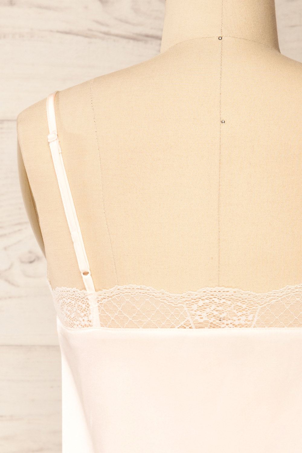 Guarenas Pink Satin Cami Top w/ Lace Trim | La petite garçonne back close-up