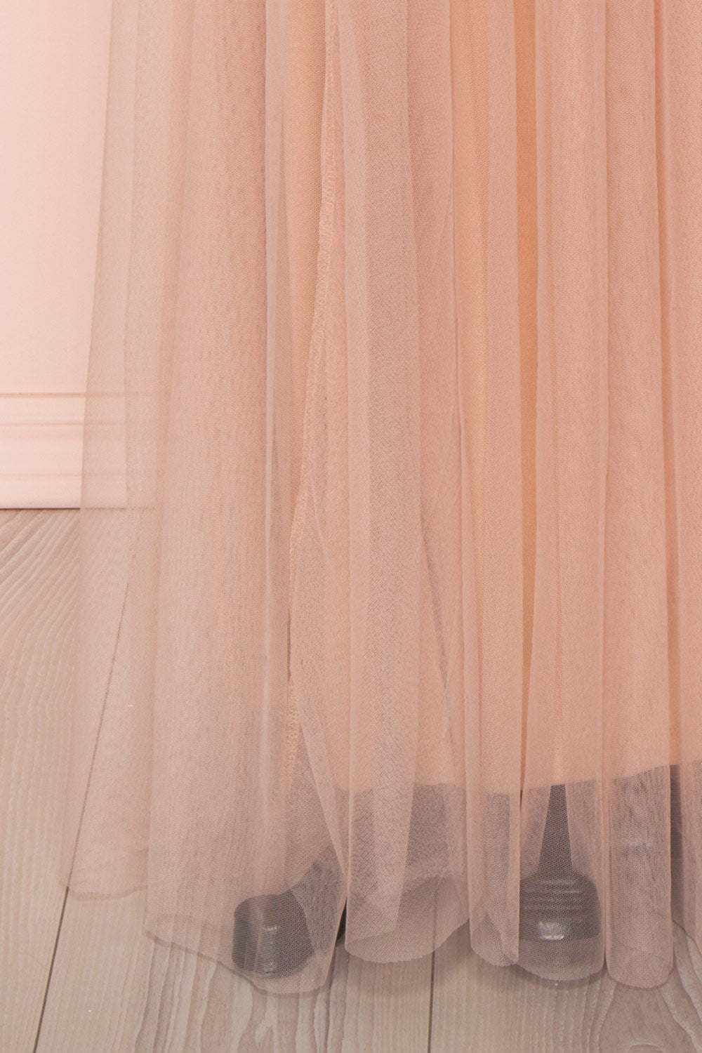 Gunvor Blush Pink Mesh Maxi Dress w/ Glitter | Boutique 1861 bottom close-up