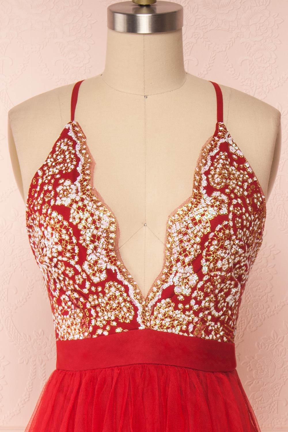 Gunvor Red Mesh Gown with Glitter front close up | Boutique 1861