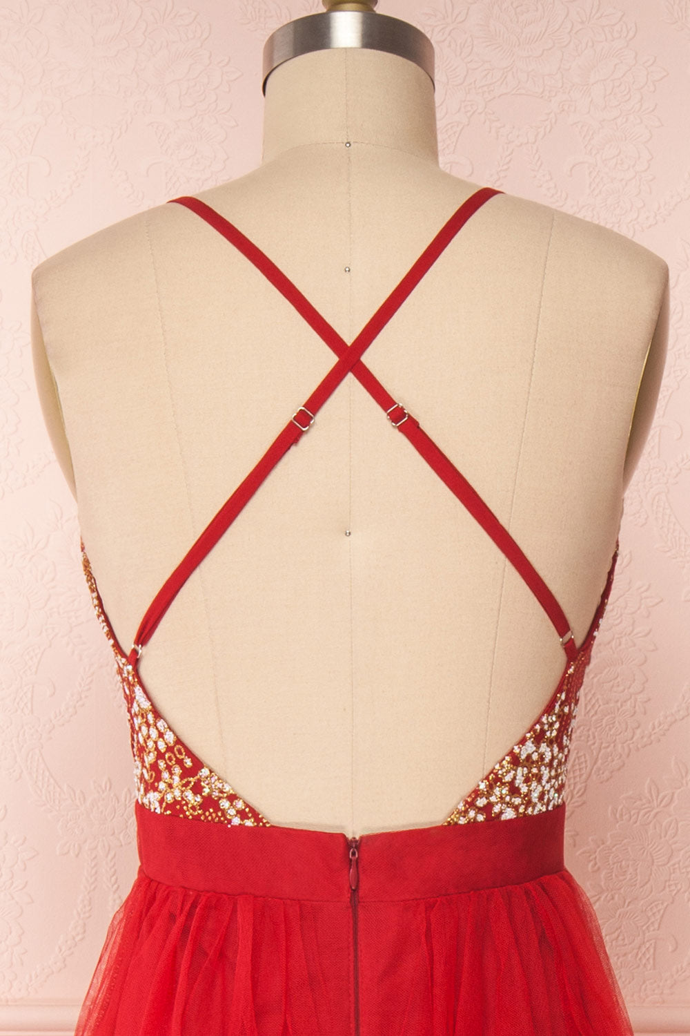 Gunvor Red Mesh Gown with Glitter back close up | Boutique 1861