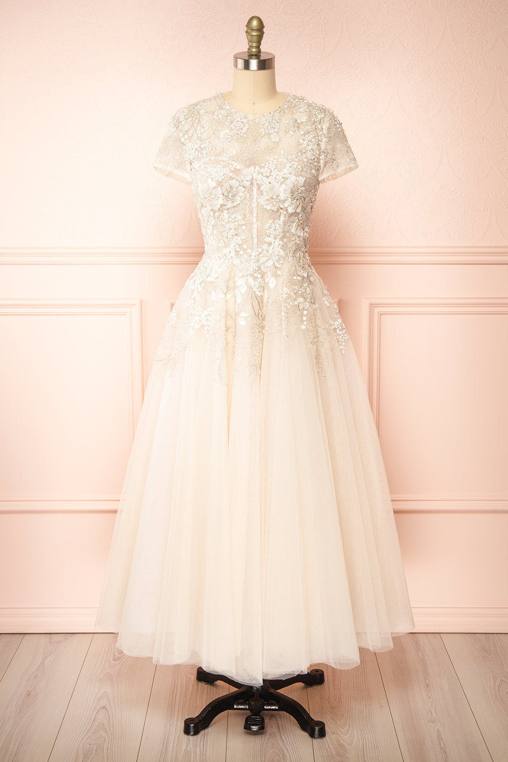 Hagalia Embroidered Beige Bridal Midi Dress | Boudoir 1861 front view